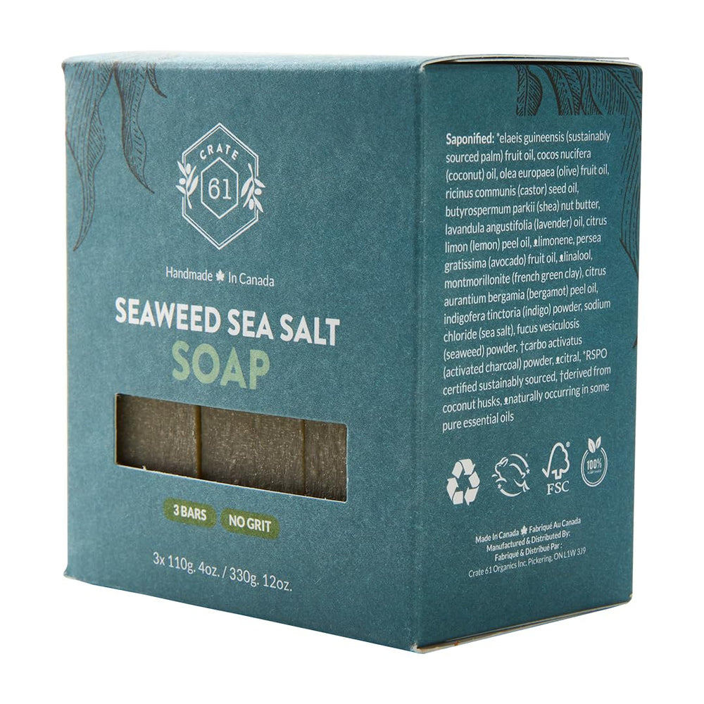 Crate 61 Organics jabón Seaweed y Sea Salt, exfolia suavemente.