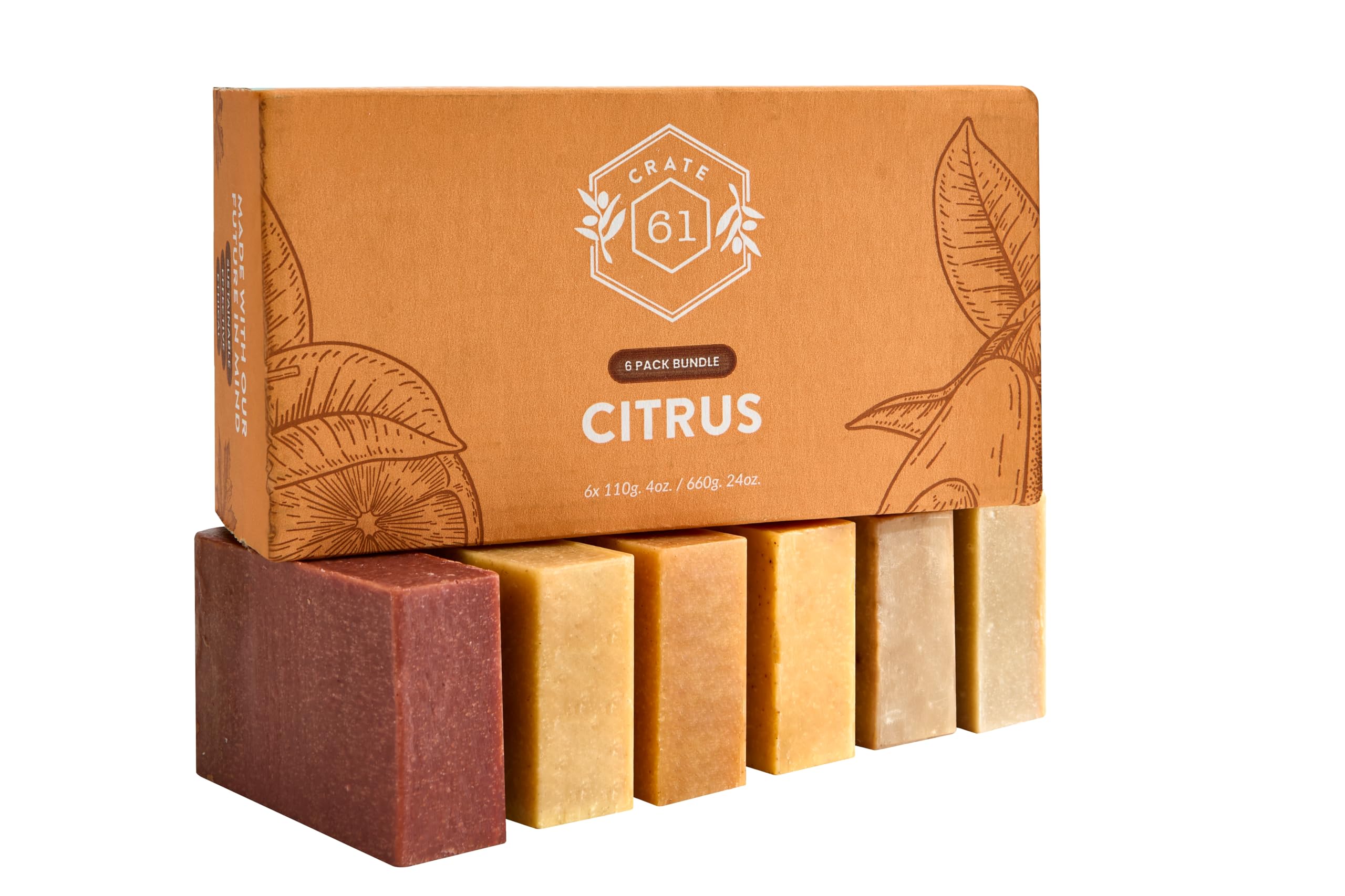 Crate 61 Organics Citrus Bar Soap ingredients closeup highlights plant-based oils and natural pigments.