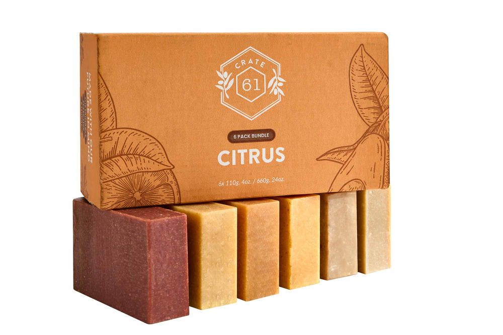 Crate 61 Organics Citrus Bar Soap ingredients closeup highlights plant-based oils and natural pigments.