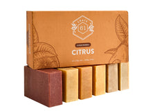 Crate 61 Organics Citrus Bar Soap ingredients closeup highlights plant-based oils and natural pigments.