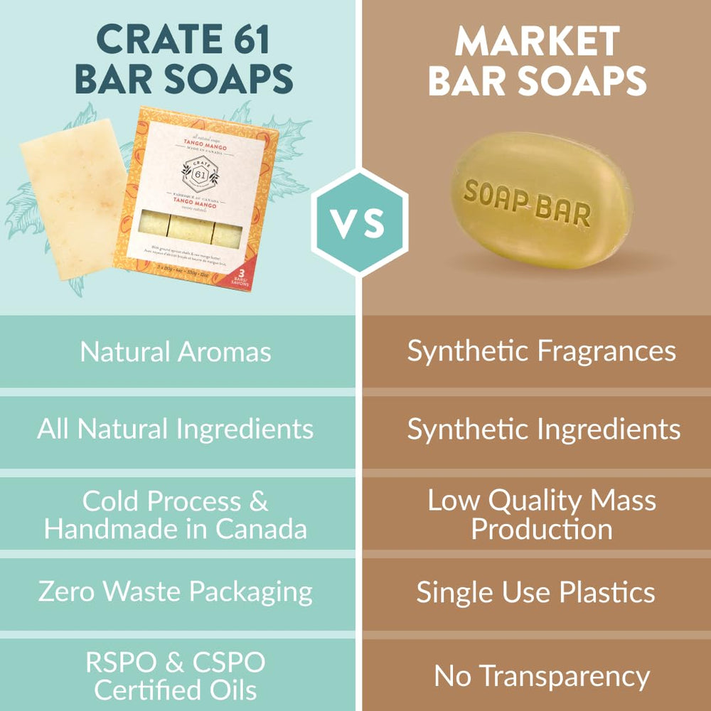 Crate 61 Organics Mango, ingredientes vegetales visibles en la barra.