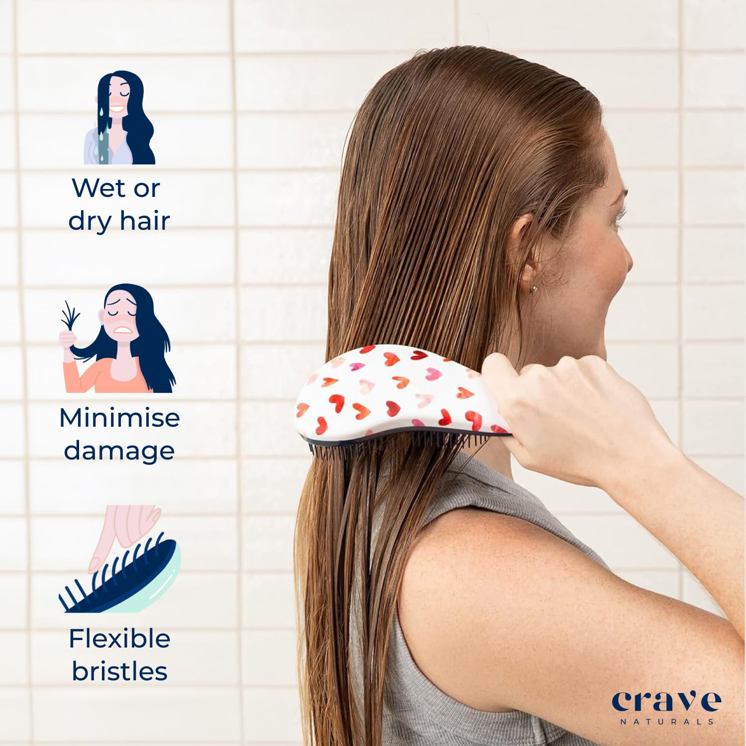 Crave Naturals detangler suitable for curls, straight, thick, or fine hair.
