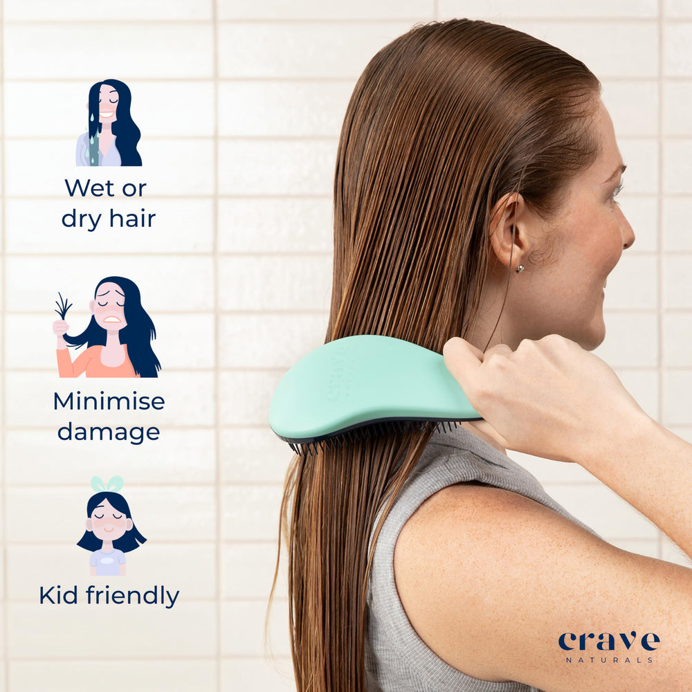 Crave Naturals Biggie Glide-Thru Brush soft bristles soothe scalp and support gentle circulation.
