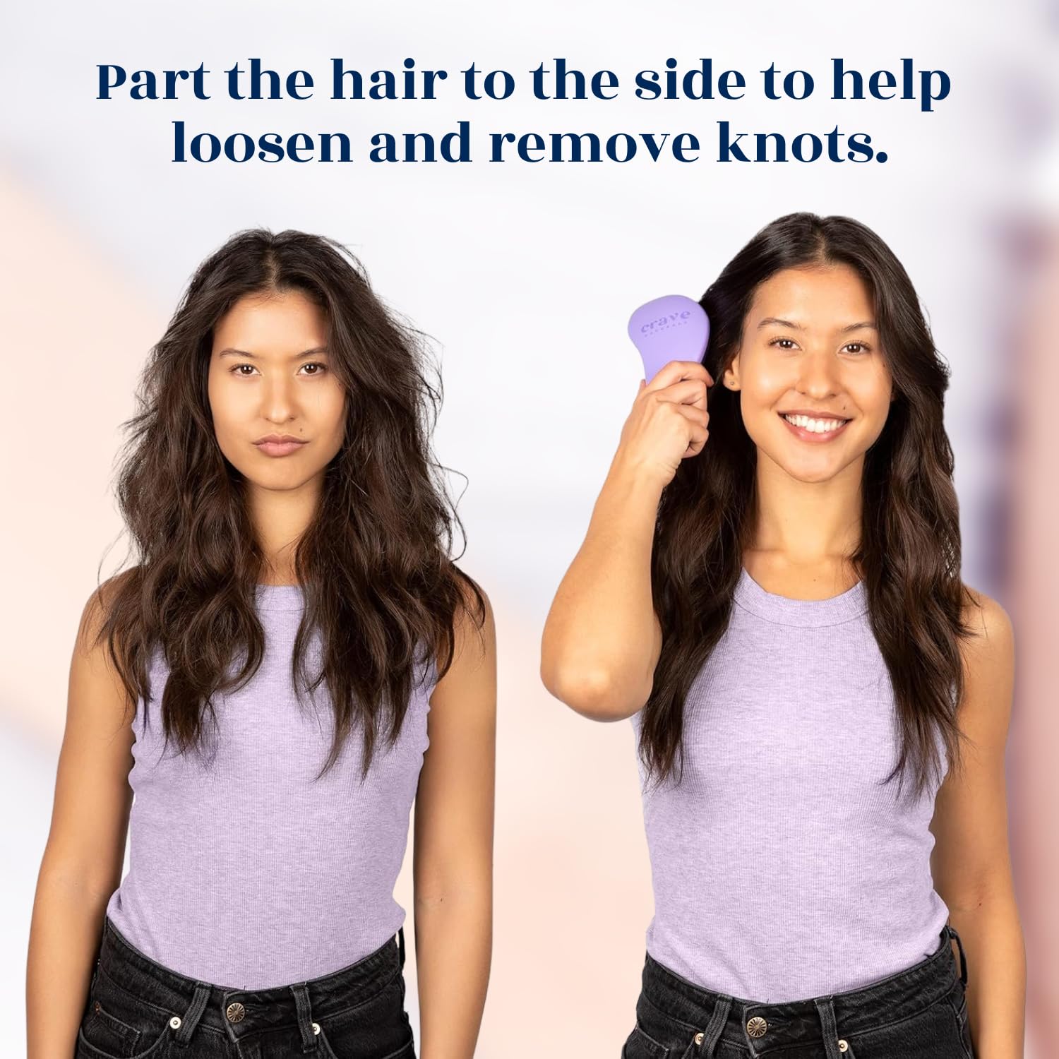 Pack of 2 detangler brushes with vibrant purple and pink hearts for family use.