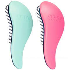 Crave Naturals Glide Thru Detangler Brush pair in turquoise and pink for easy brushing.