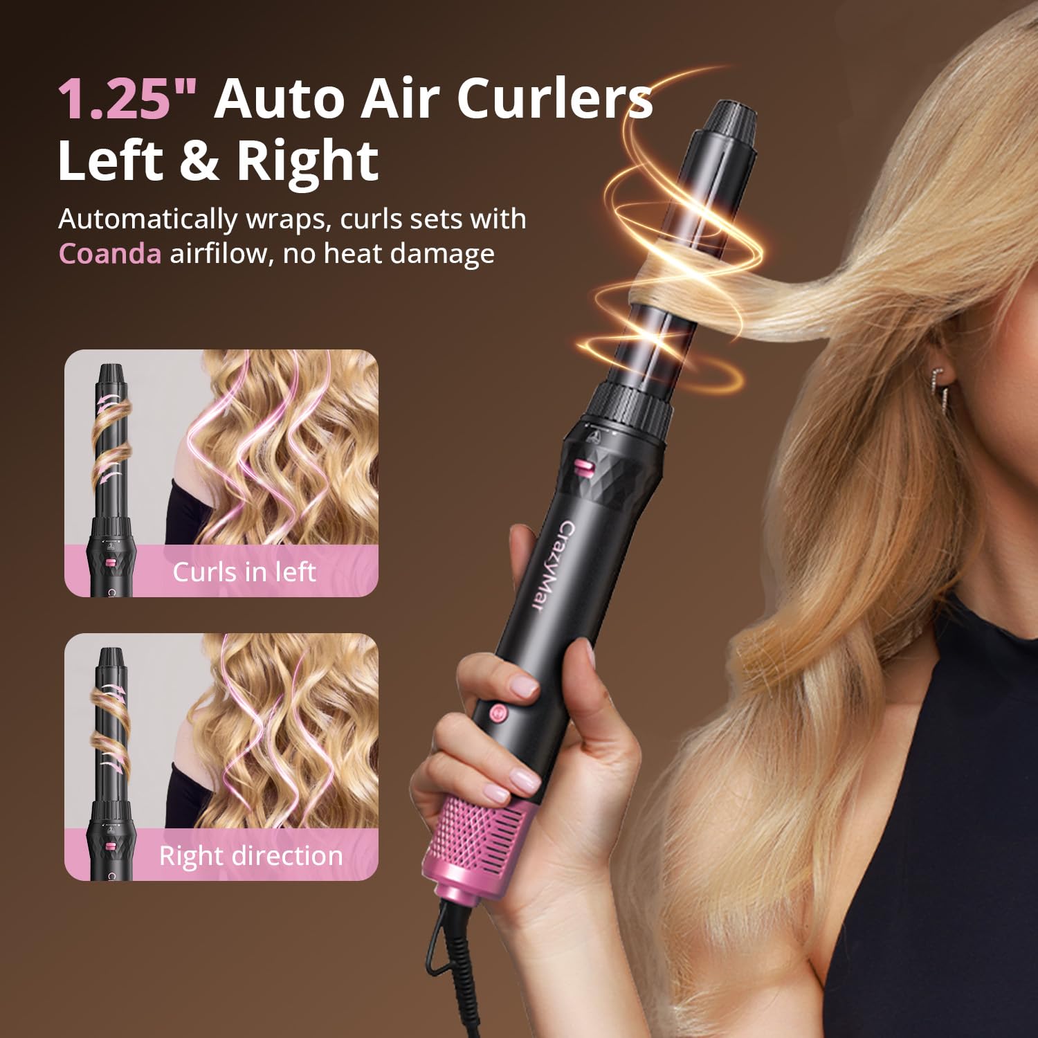 CrazyMar Air Wrap ergonomic handle provides comfortable, one-handed styling.