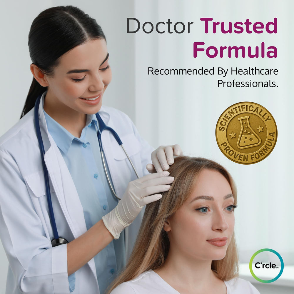C'rcle minoxidil foam application on the hairline suggests focused treatment.
