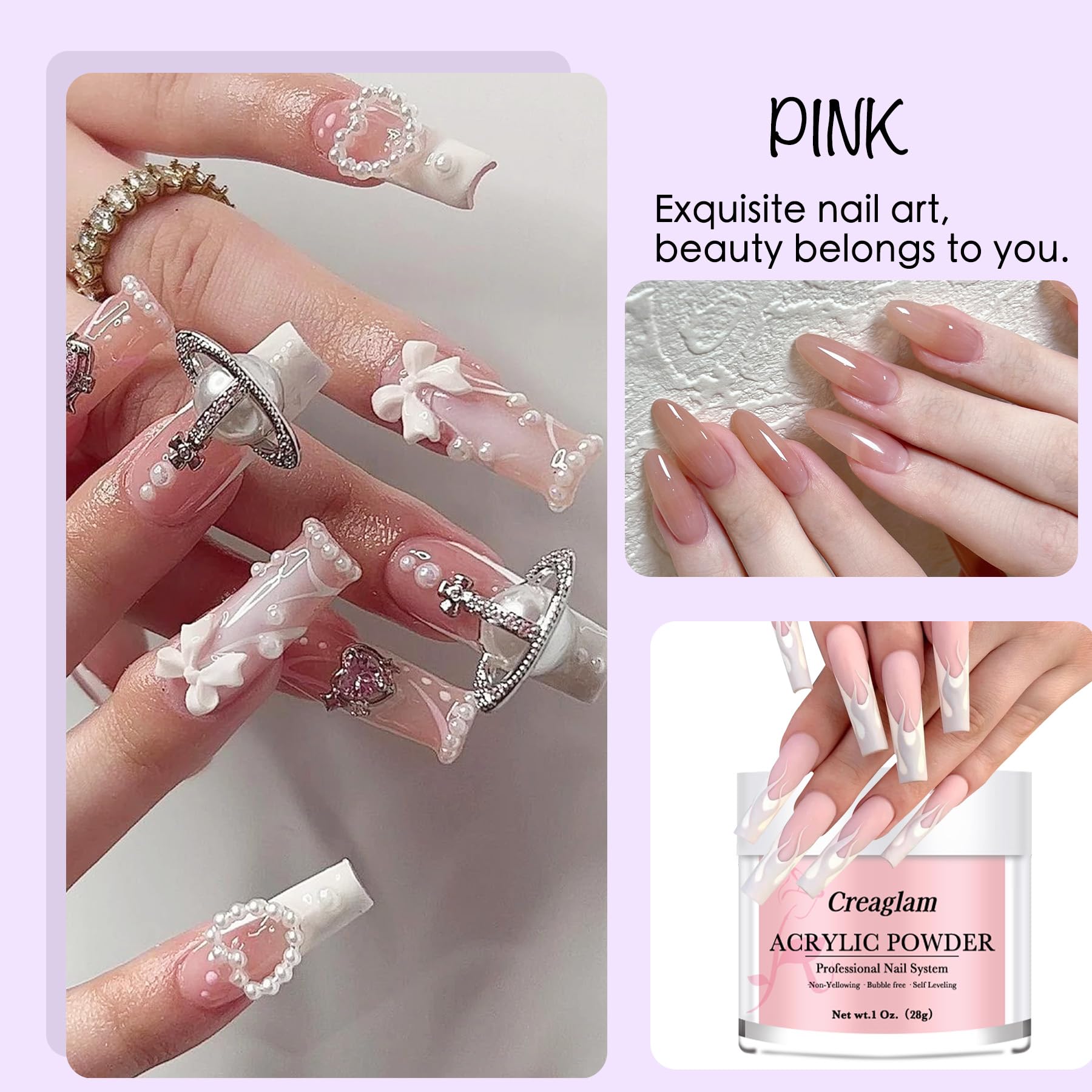 Creaglam dark pink acrylic powder 28g for rich, elegant extensions.