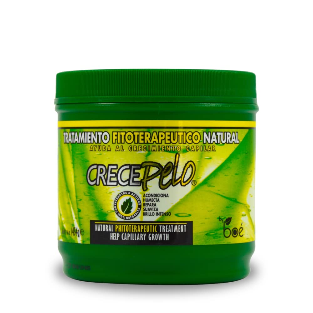 Crece Pelo shampoo bottle showcases cleansing formula for vitality and shine.