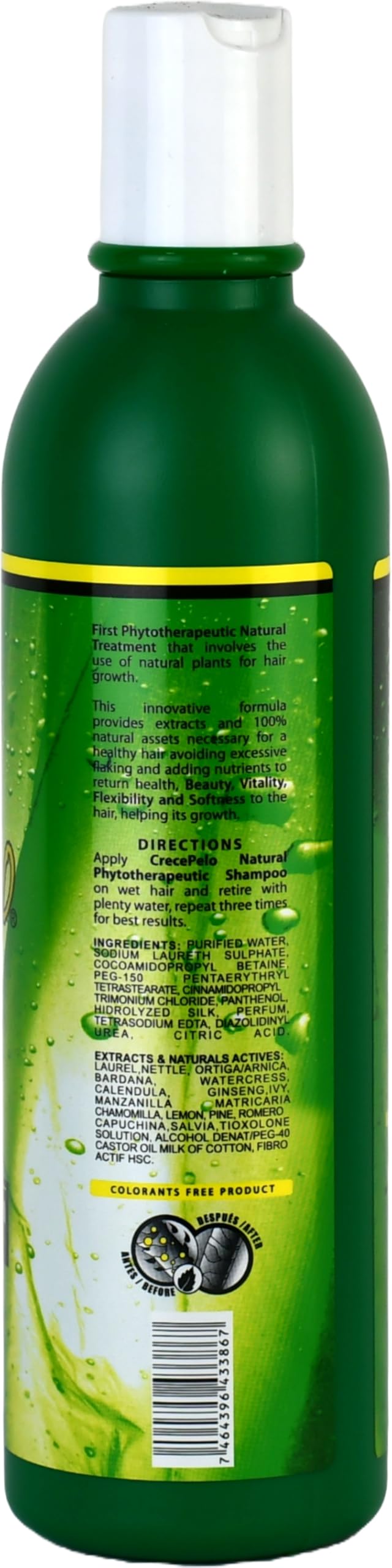 Crece Pelo treatment bottle strengthens hair structure with daily use.