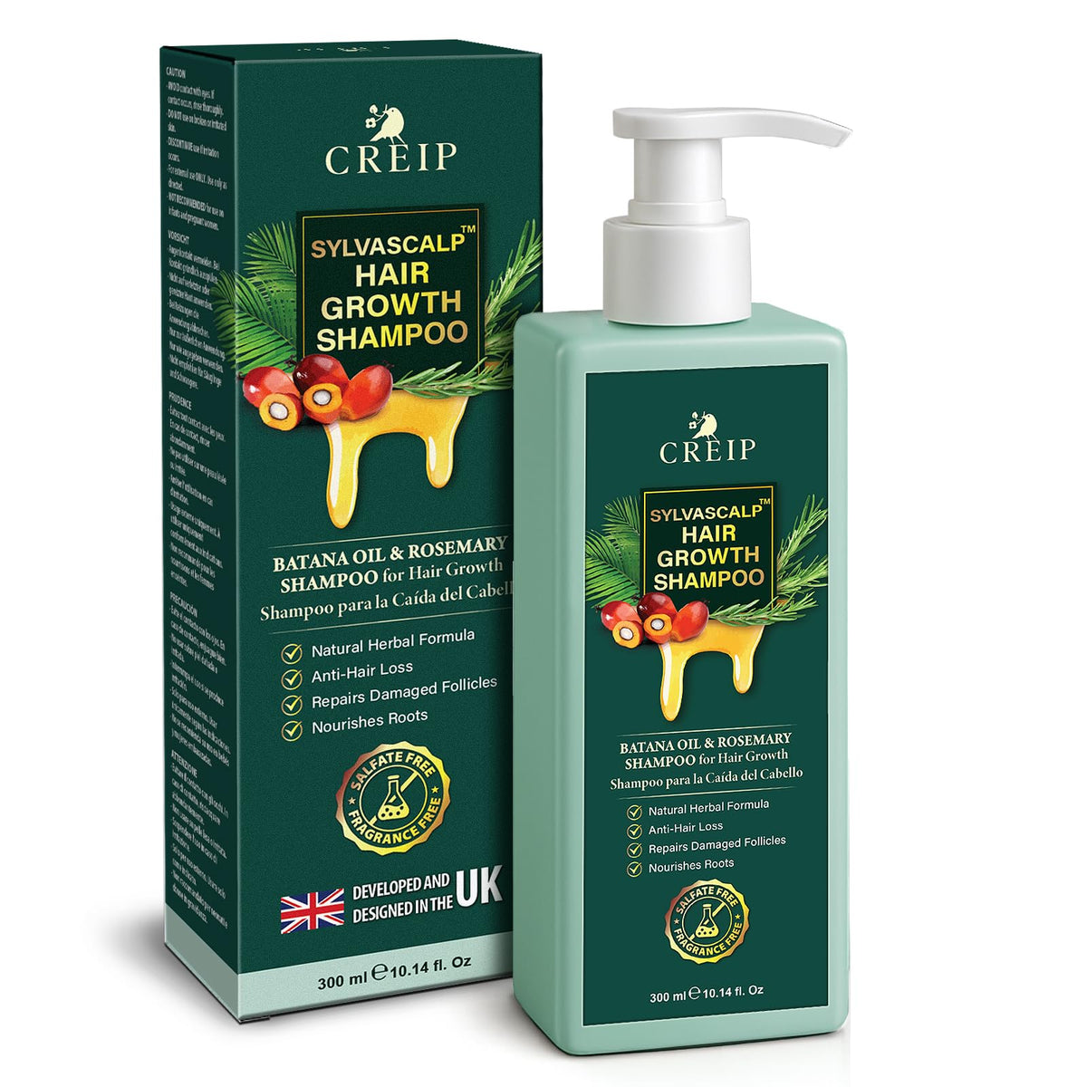 Creip Rosemary & Batana Oil Shampoo bottle pouring for easy daily use.