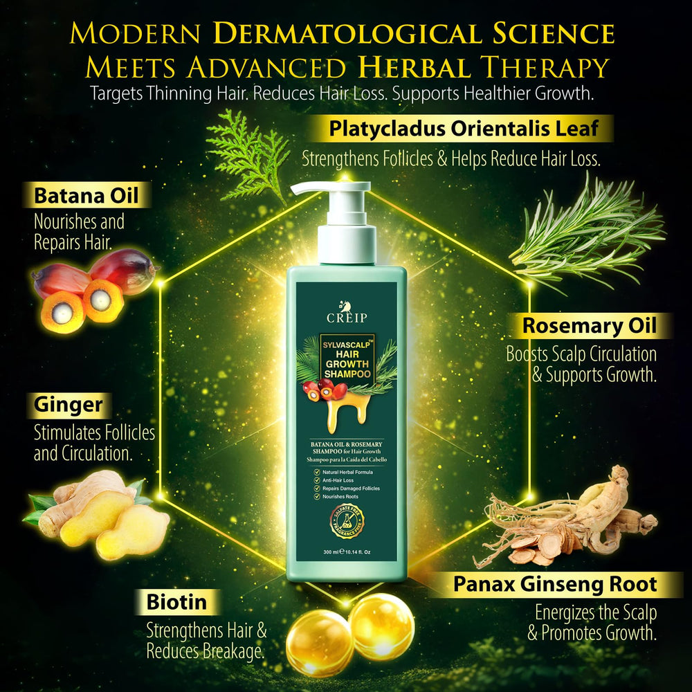 Creip Rosemary & Batana Oil Shampoo with ginger and Panax ginseng for scalp refreshment.