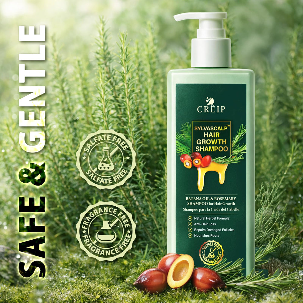 Creip packaging flatlay emphasizing fragrance-free formulation and premium bottle.