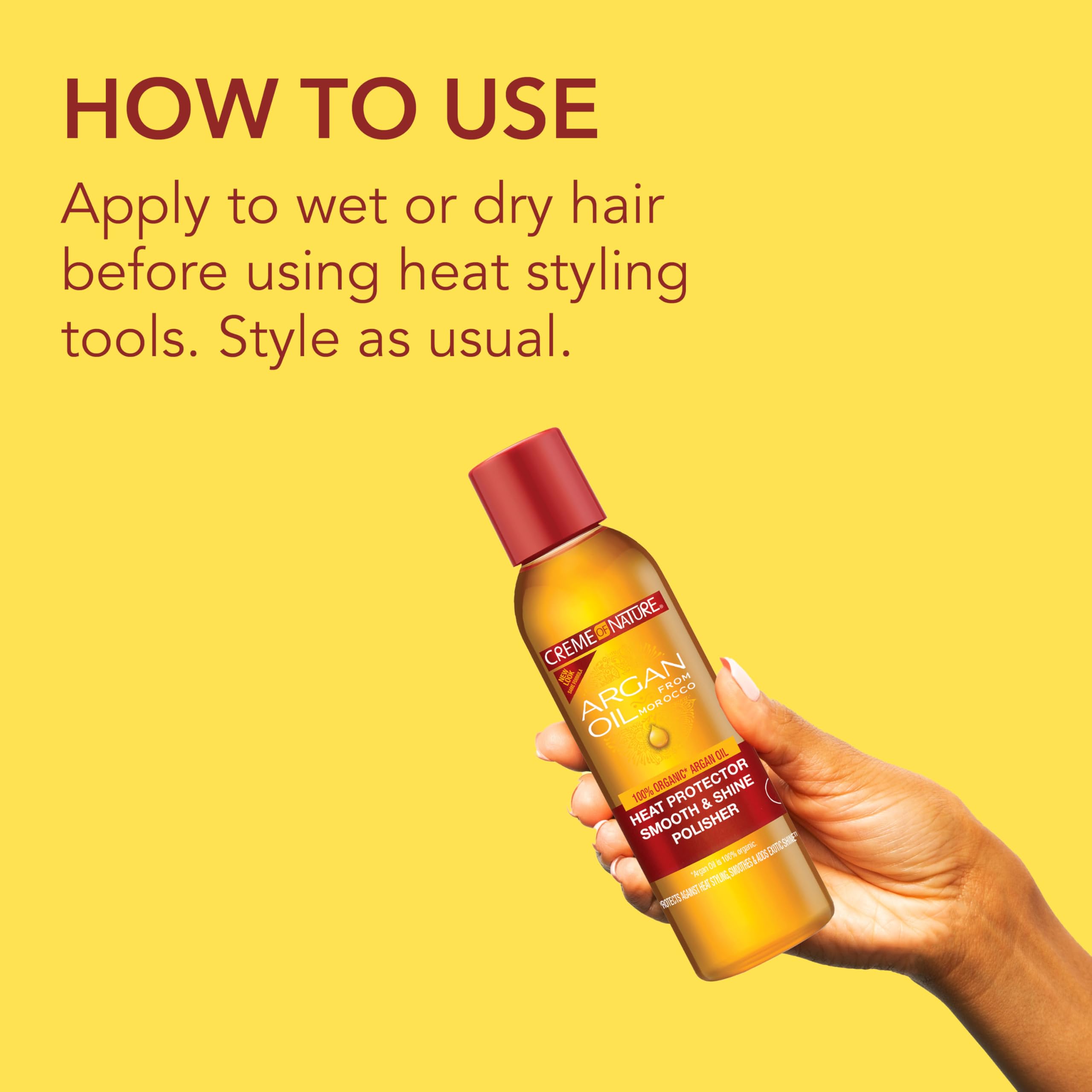 Creme of Nature argan oil infusion highlights nourishing shine on hair.