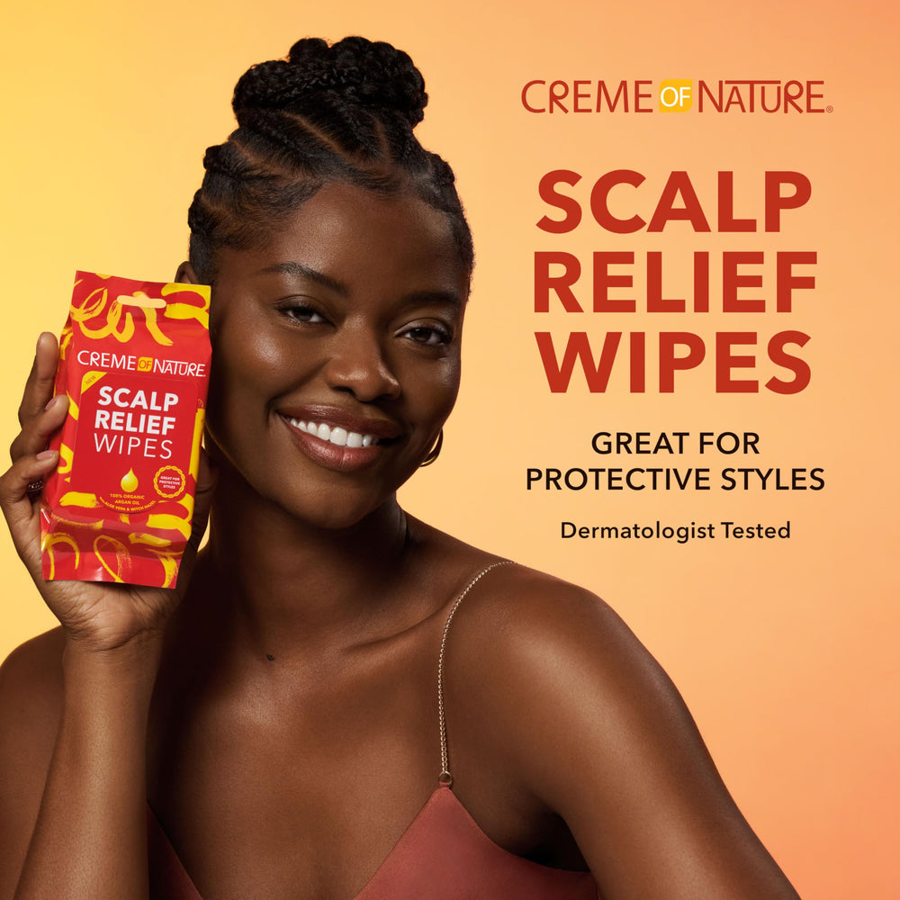 Creme of Nature Argan Oil Scalp Relief Wipes applied to scalp for soothing refresh