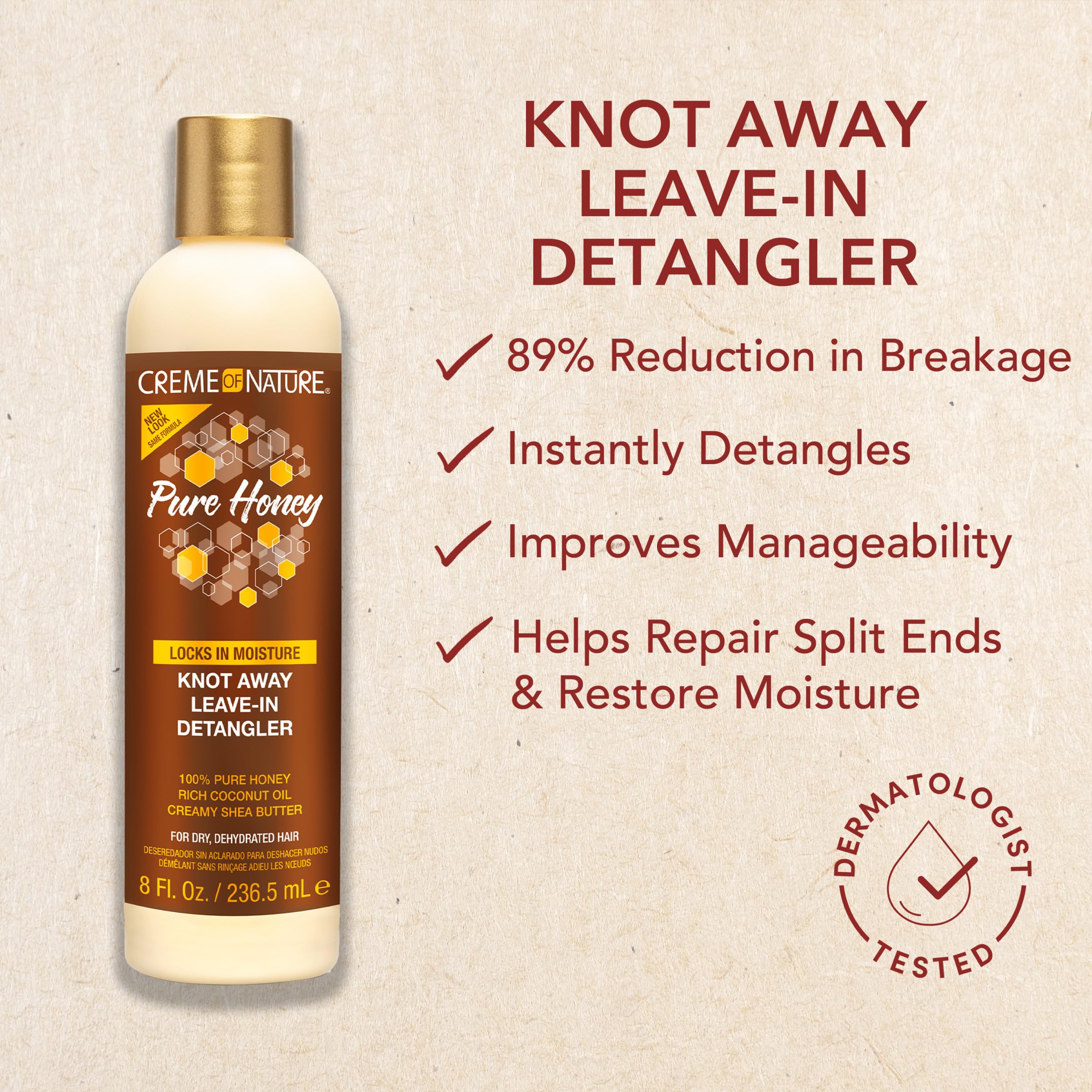 Creme of Nature Knot Away creamy formula with honey, coconut oil, and shea butter nourishes hair.