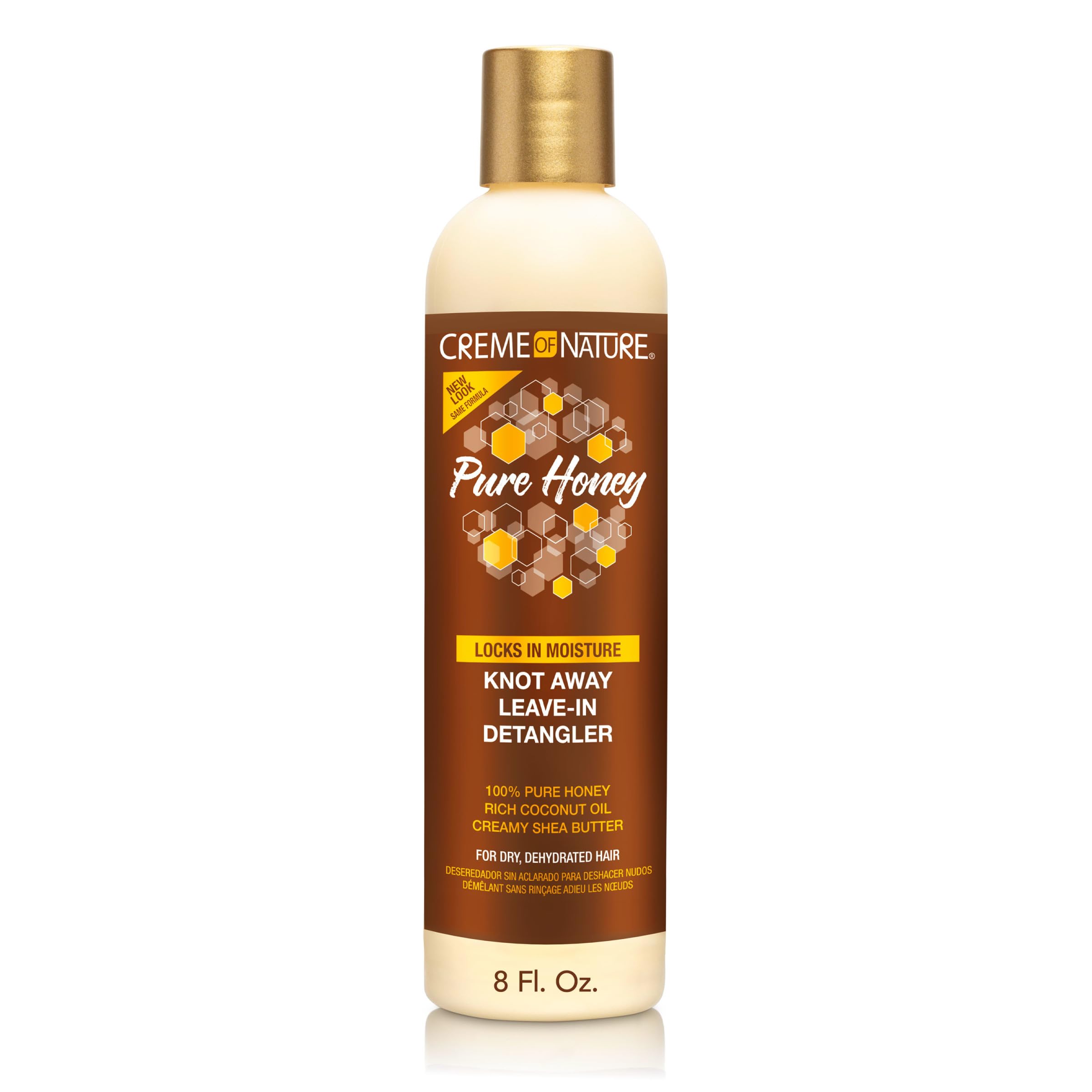 Creme of Nature Pure Honey Knot Away Leave-In Detangler bottle detangles knots for smoother styling.