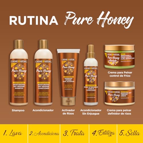 Closeup of ingredients including shea butter in Creme of Nature Pure Honey Dry Defense shampoo.