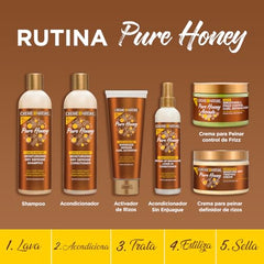 Closeup of ingredients including shea butter in Creme of Nature Pure Honey Dry Defense shampoo.