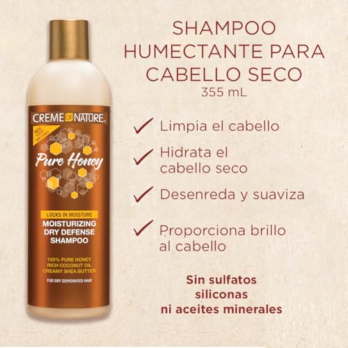 Creme of Nature Pure Honey Dry Defense shampoo being poured, showcasing gentle cleansing.