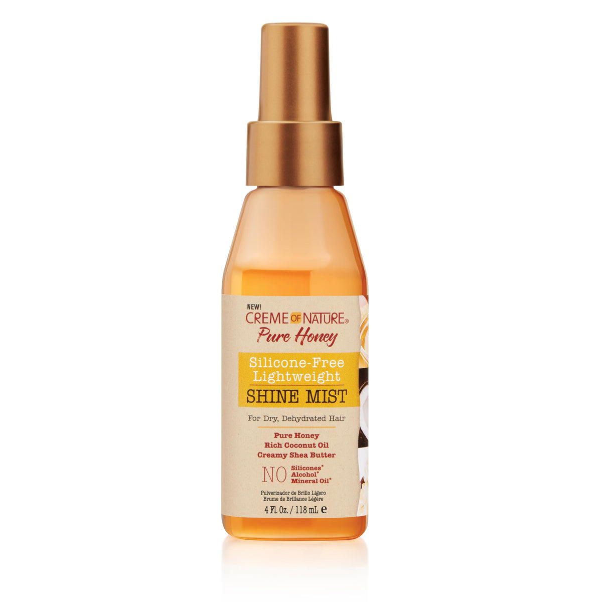 Creme of Nature Pure Honey Shine Mist bottle demonstrates silicone-free hydration for frizz control