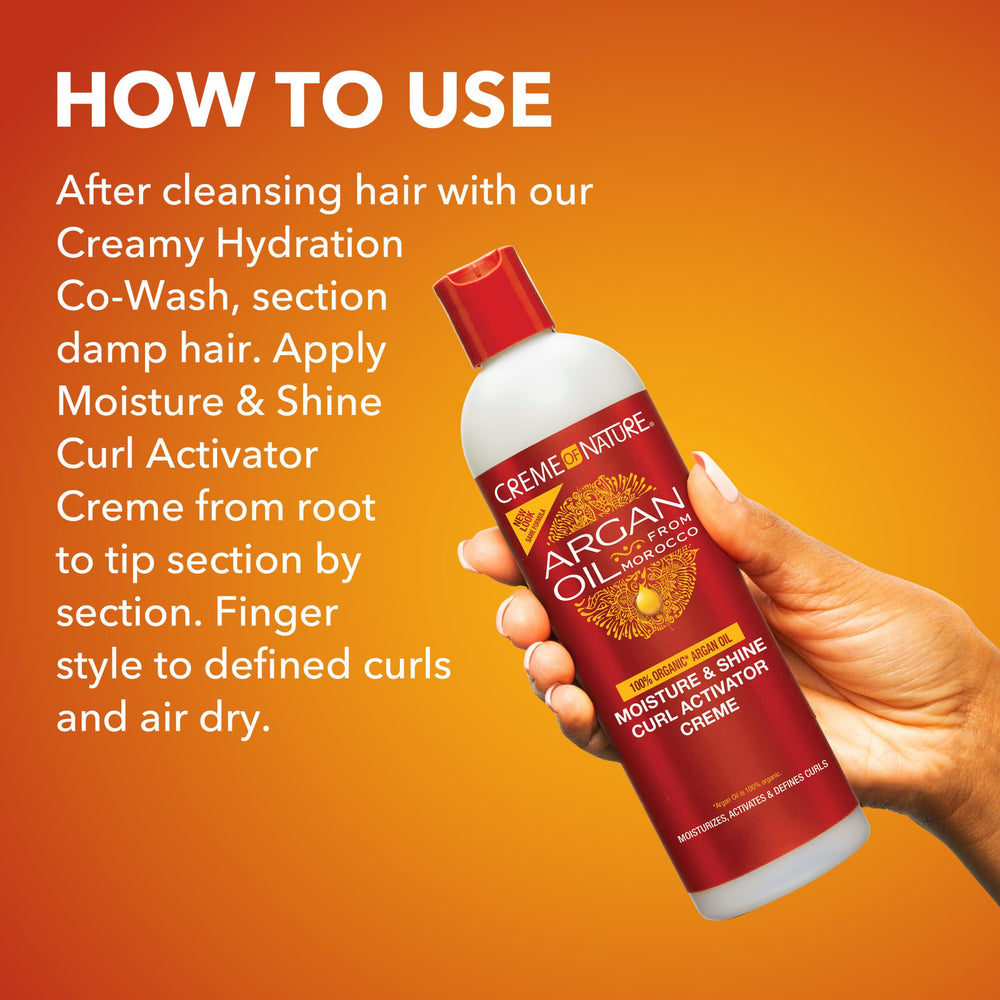 Crème of Nature bottle featuring Argan Oil formula for nourished, defined curls