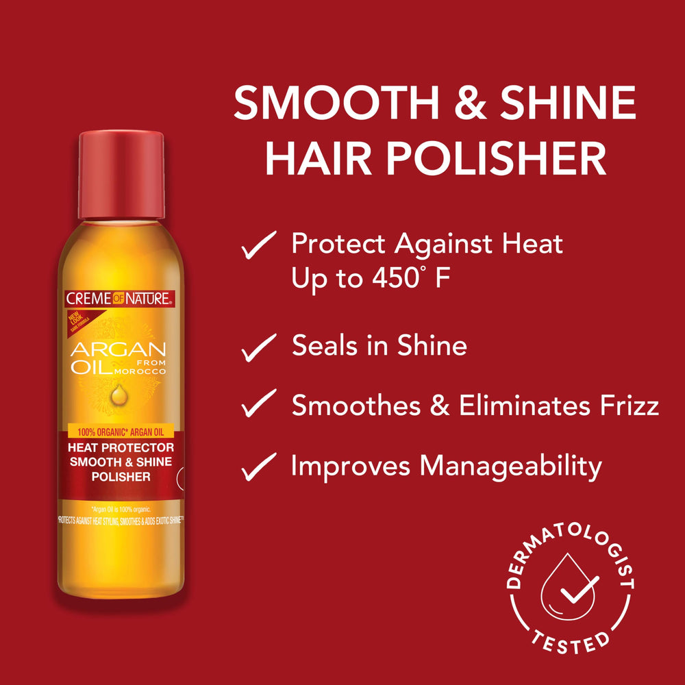 Creme of Nature smoothing serum application close-up for frizz control.