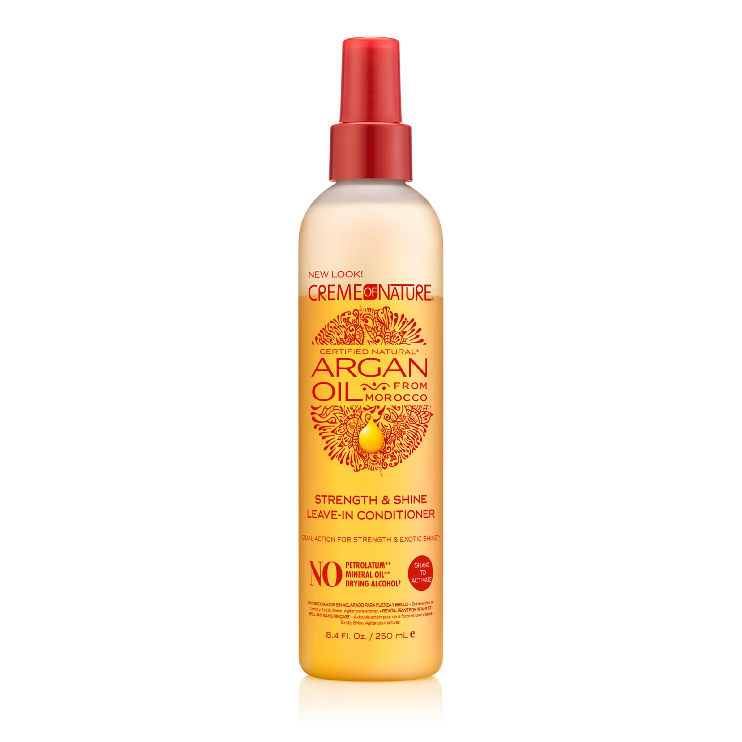 Creme of Nature Strength & Shine Leave-In bottle pour for easy, lightweight moisture.
