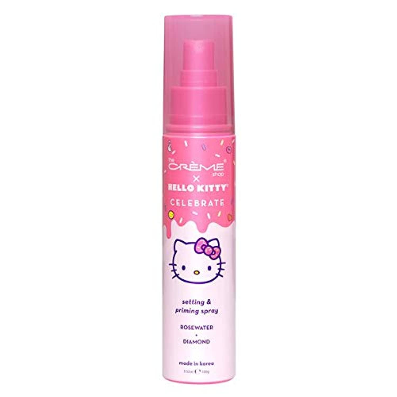 The Crème Shop Hello Kitty rose water diamond spray bottle highlights long-lasting makeup hold.