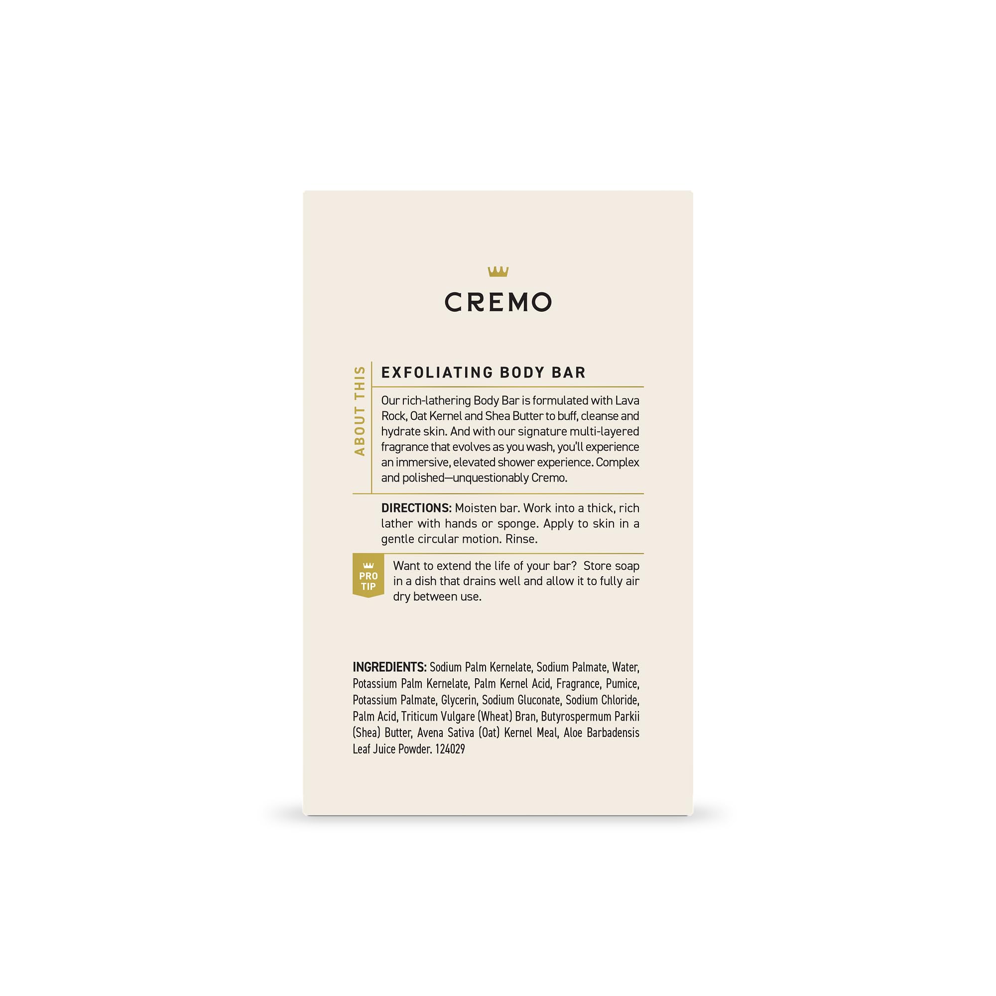 Cremo 5oz exfoliating bar packaging implies travel-friendly convenience.