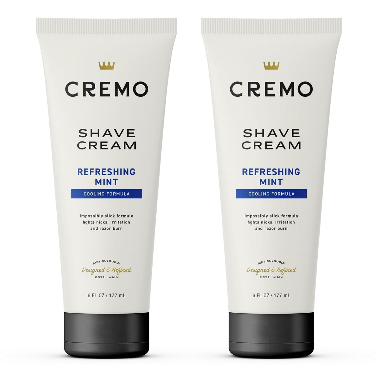 Cremo Barber Grade Cooling Shave Cream tube front view, premium packaging for a cool shave