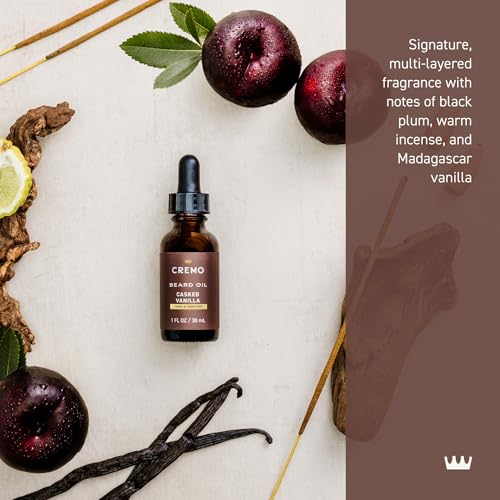 Cremo Beard Oil vanilla bottle closeup highlights premium oils.