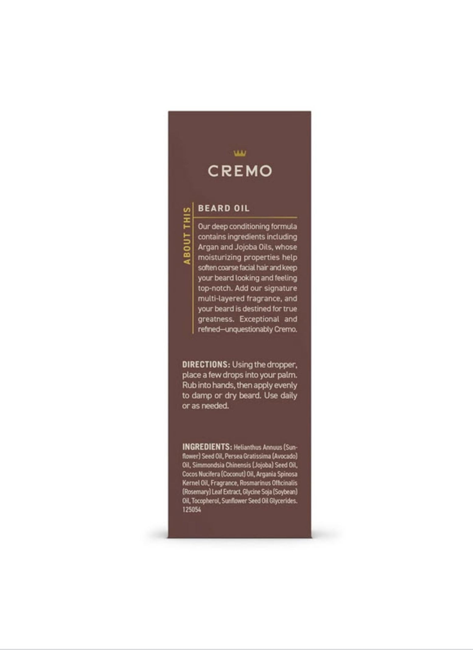 Cremo Beard Oil vanilla packaging suggests compact travel-friendly bottle.
