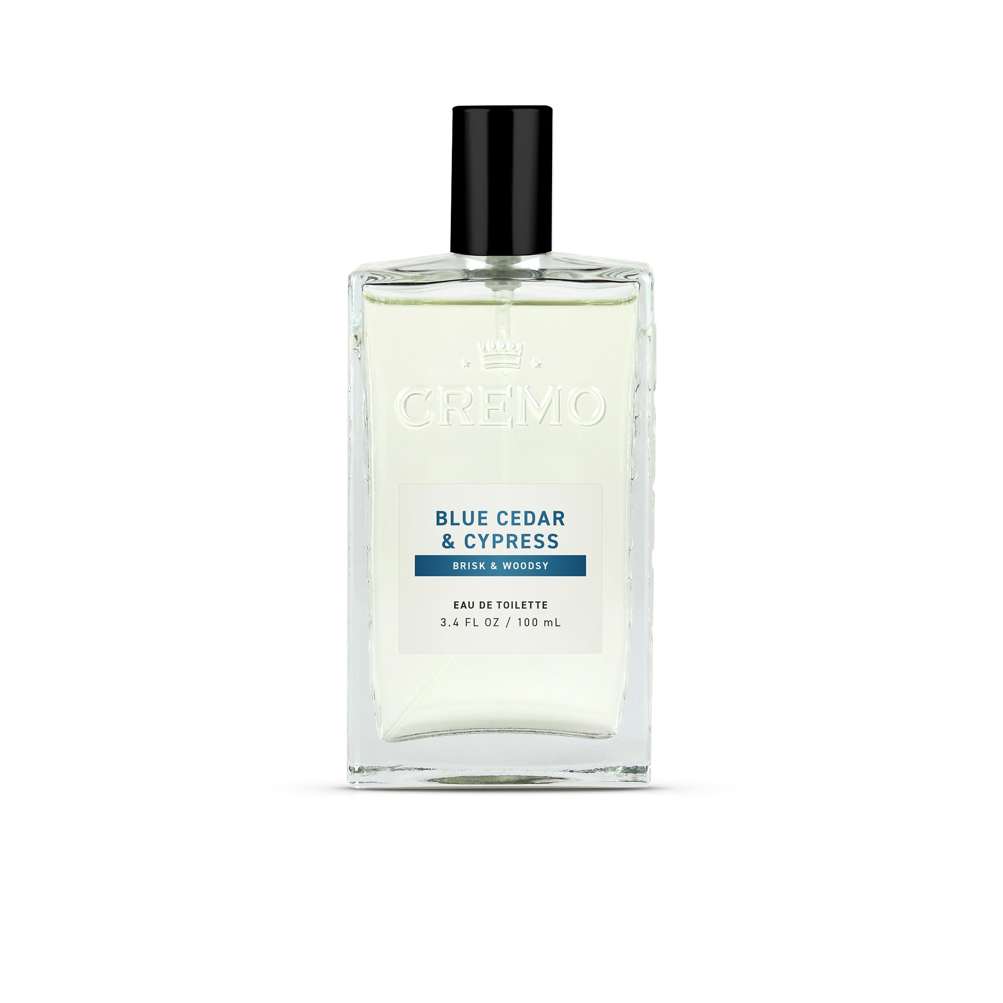 Cremo Blue Cedar and Cypress bottle front view highlights refined daily scent