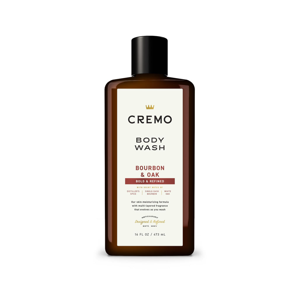 Cremo Bourbon & Oak bottle pour showing premium men's body wash
