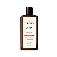 Cremo Bourbon & Oak bottle pour showing premium men's body wash