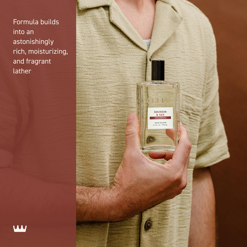 Cremo Bourbon & Oak packaging imagery suggesting premium, gift-ready cologne