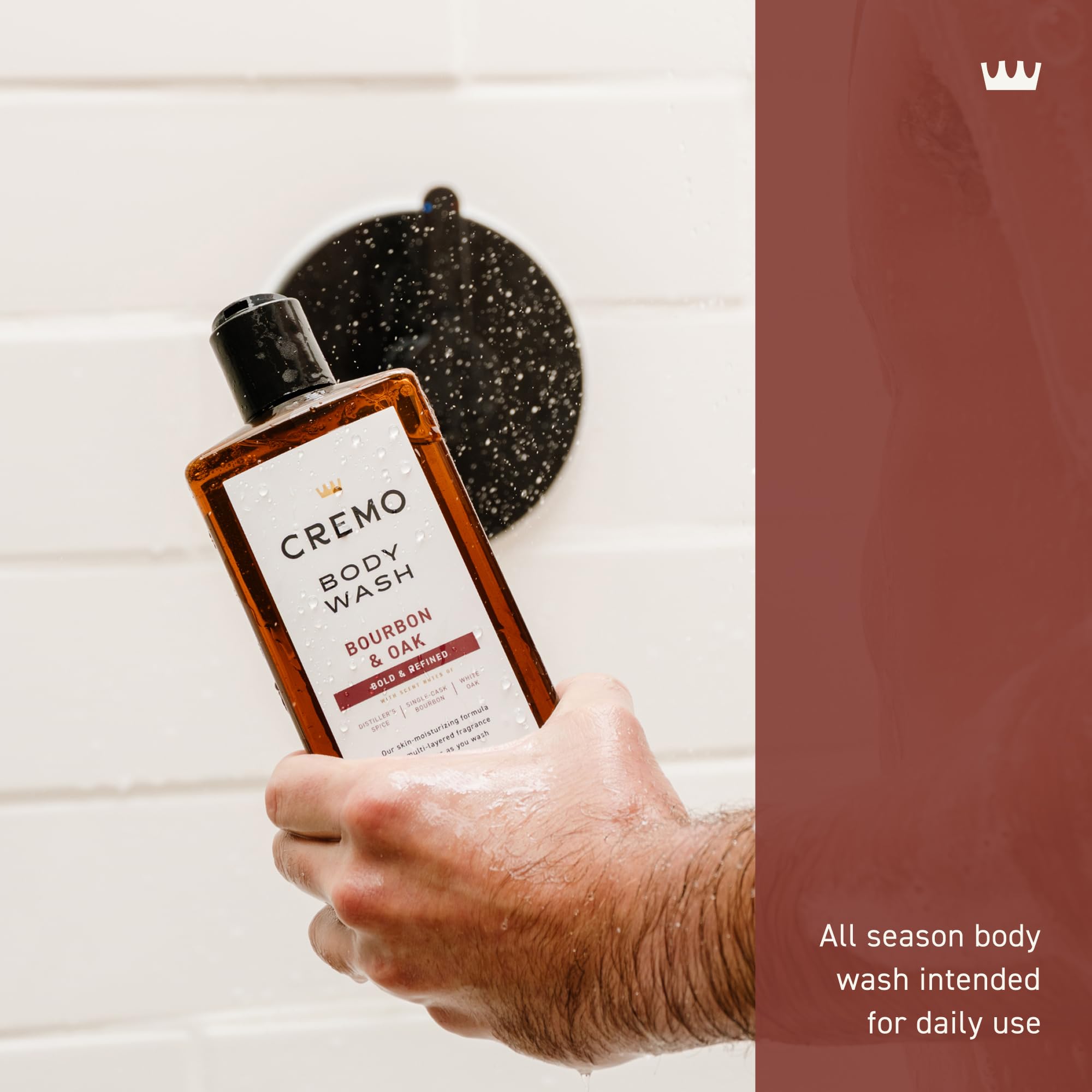 Cremo Bourbon & Oak shower scene in modern bathroom