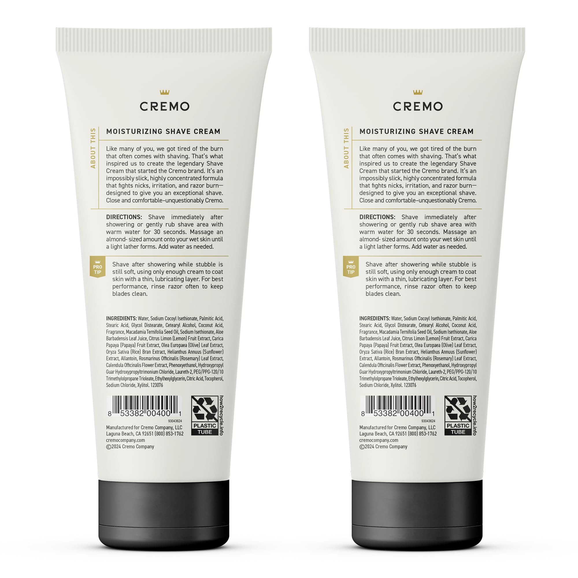 Cremo brand logo on tube highlighting trusted men’s grooming brand.