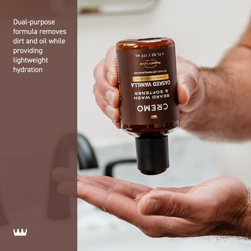 Cremo Casked Vanilla Beard Softener being applied — lightweight hydration without greasiness