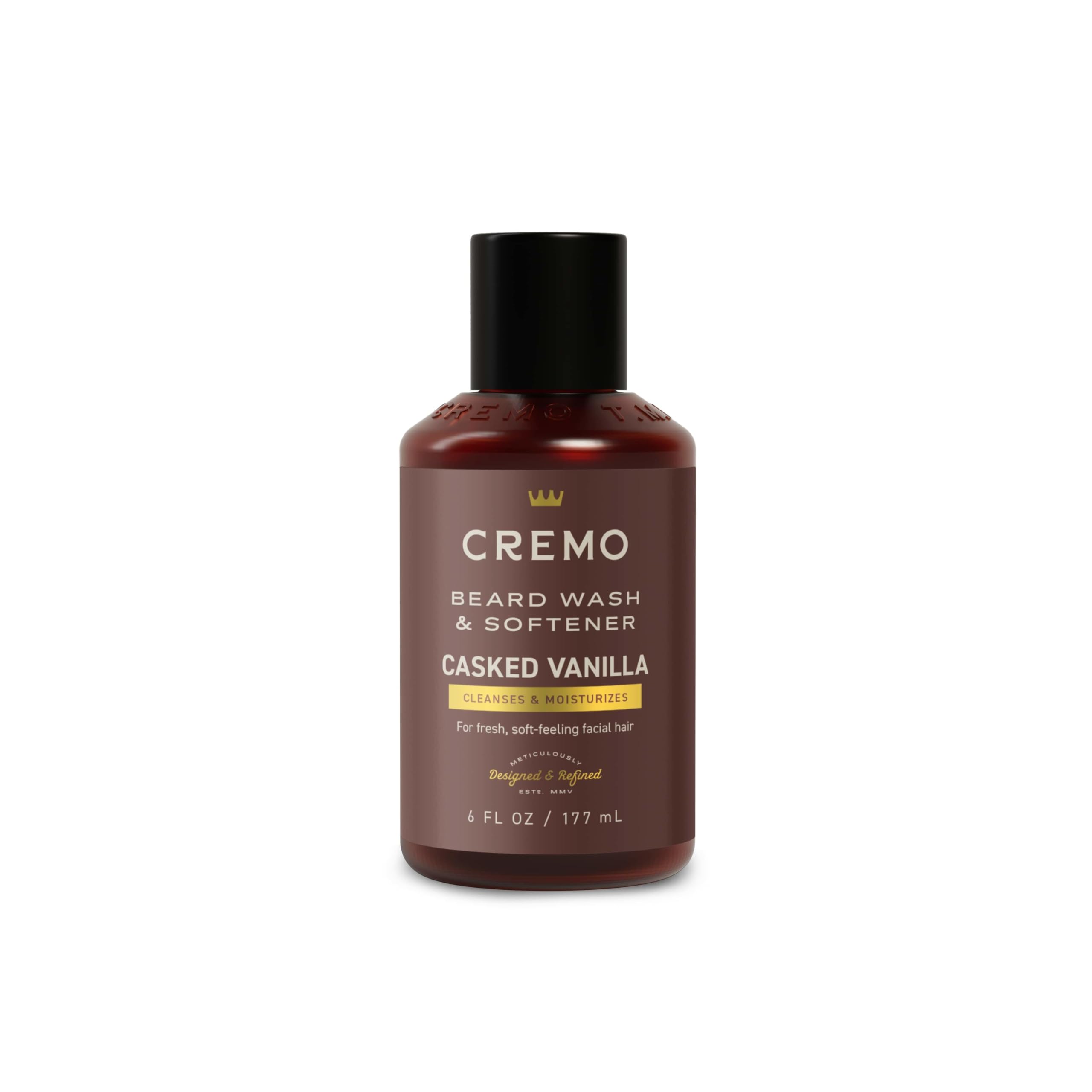 Cremo Casked Vanilla Beard Wash bottle pour — cleanses gently for all beard lengths