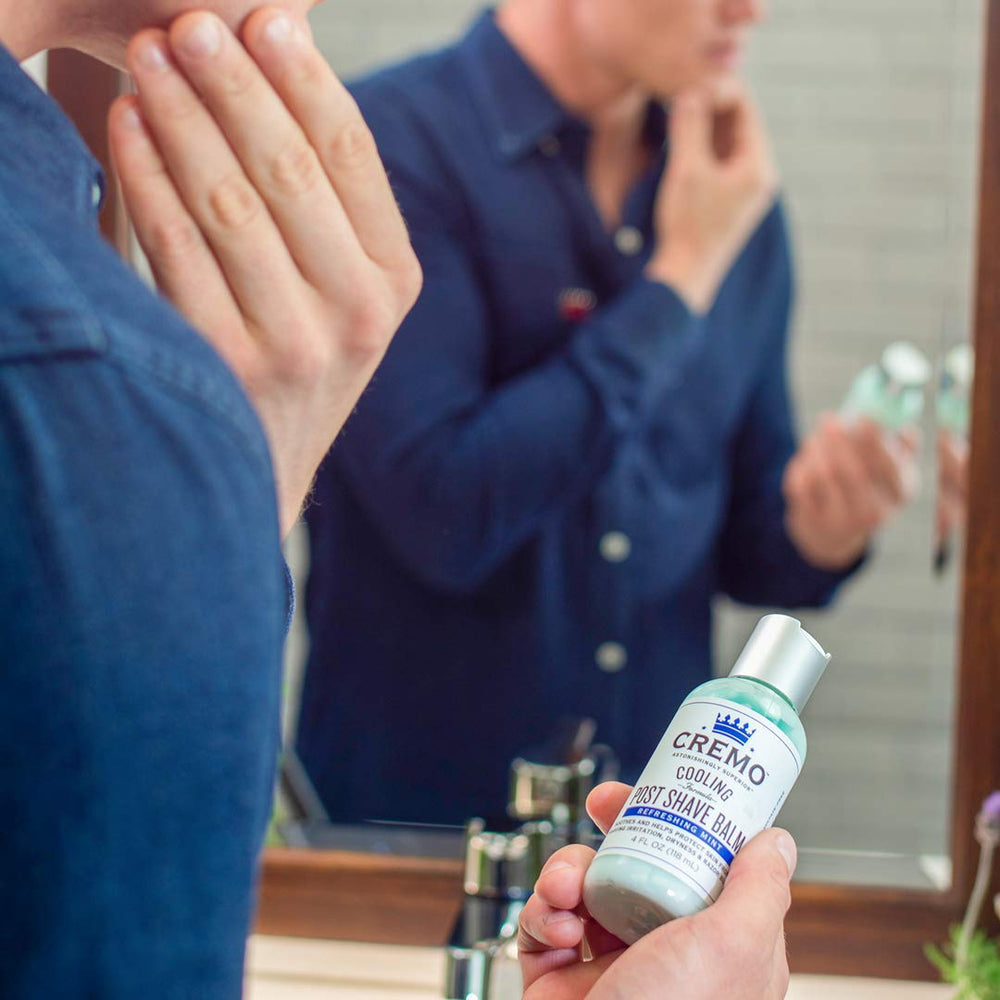 Cremo Cooling Formula Post Shave Balm on skin delivering refreshing hydration
