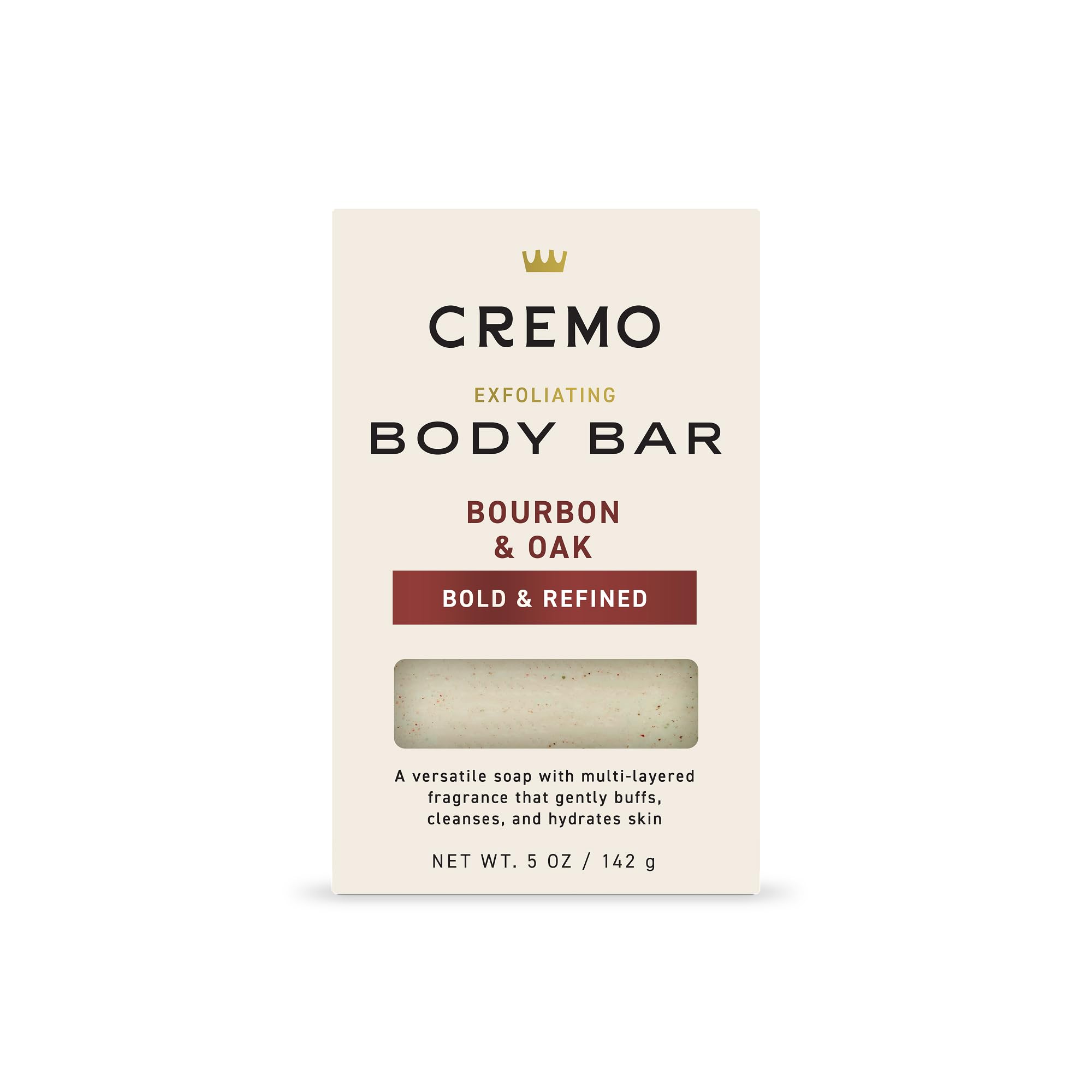 Cremo Bourbon & Oak exfoliating bar with lava rock smooths skin and buffs.