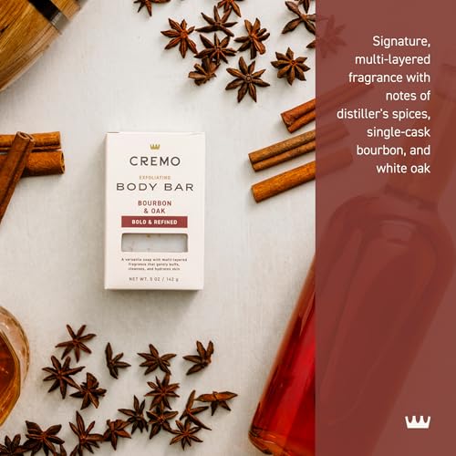 Cremo Bourbon & Oak bar shows oat kernel texture for gentle cleansing.