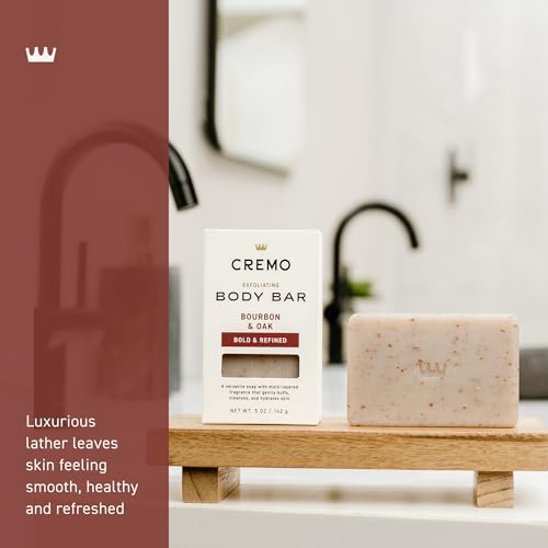 Cremo Bourbon & Oak exfoliating bar features shea butter for hydration.