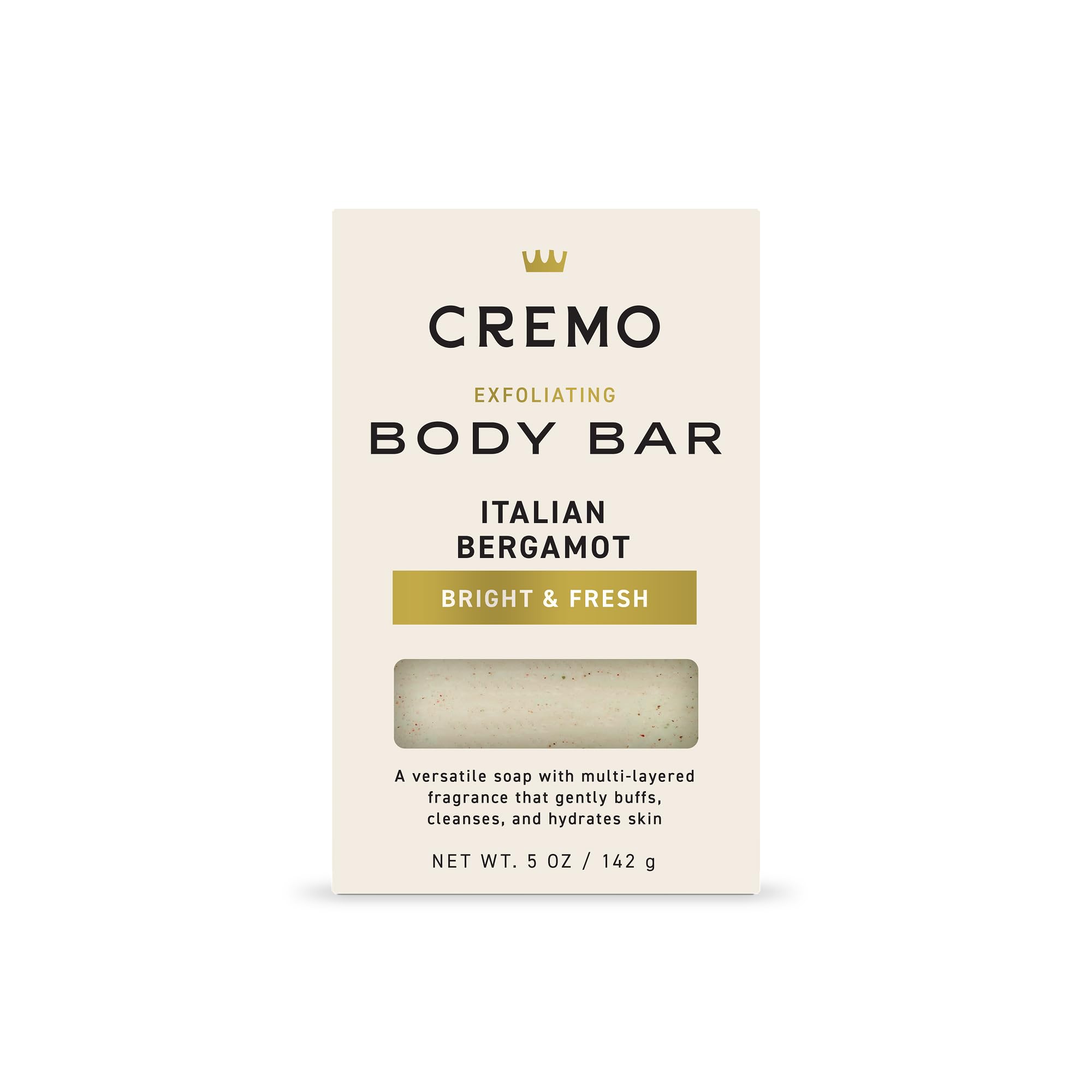 Cremo Exfoliating Body Bar with Italian Bergamot lather and lava rock for gentle buffing.