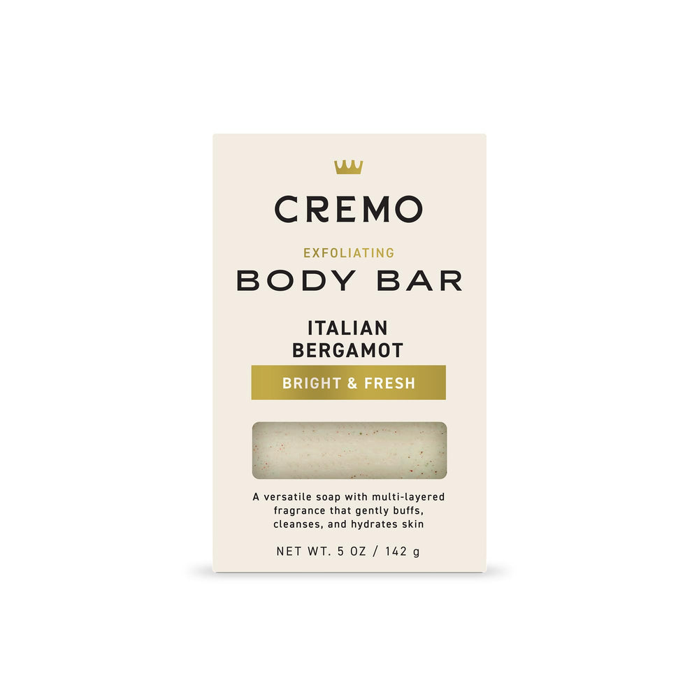 Cremo Exfoliating Body Bar with Italian Bergamot lather and lava rock for gentle buffing.
