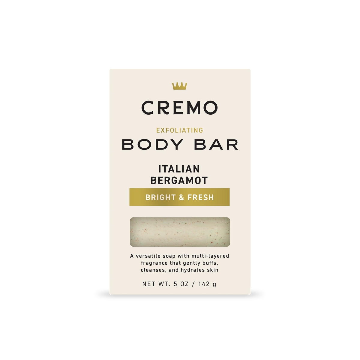 Cremo Exfoliating Body Bar with Italian Bergamot lather and lava rock for gentle buffing.
