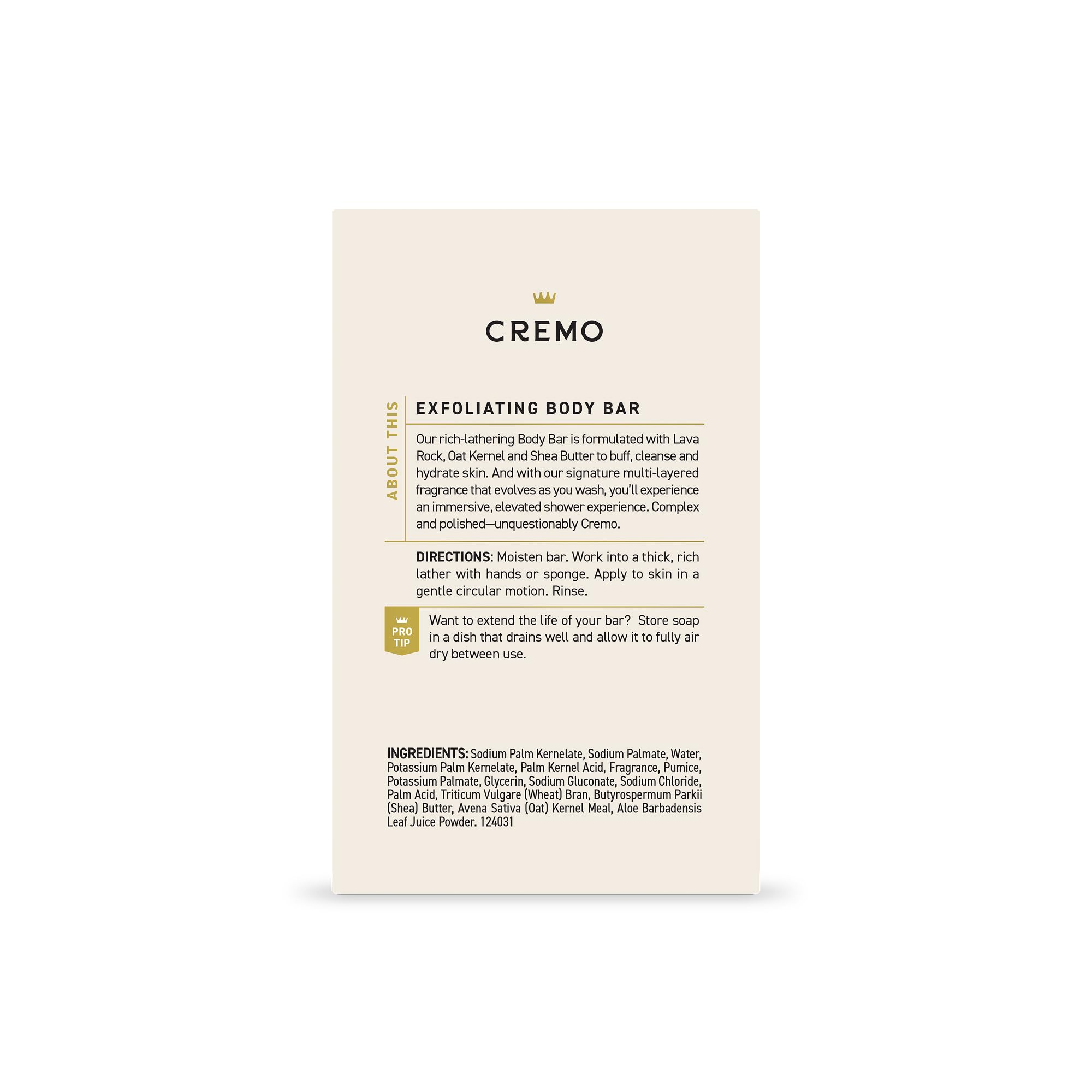 Cremo Exfoliating Body Bar Italian Bergamot enhances shower ritual with a polished finish.