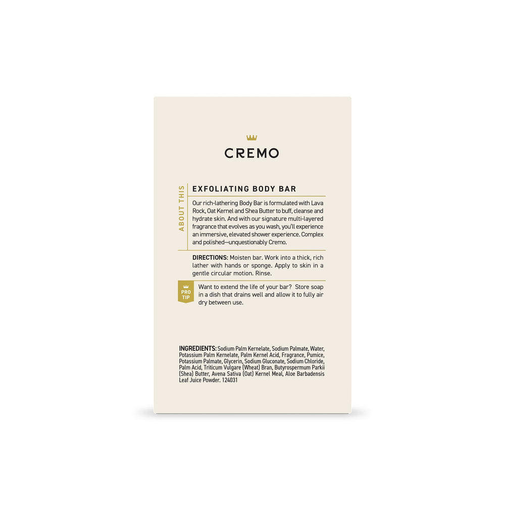Cremo Exfoliating Body Bar Italian Bergamot enhances shower ritual with a polished finish.